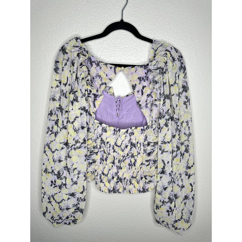 Free People Floral Ruched Blouse Womens Medium Long Sleeve Lace Up Smocked Back - Picture 6 of 6